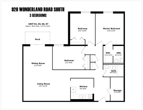 Floor plan for 3 beds, 1.5 baths, 1275 sqft